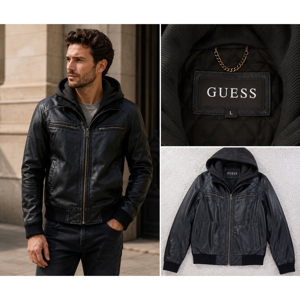 Guess Faux Leather Bomber Jacket Mens L Black Fair Hooded Moto Mixed Media